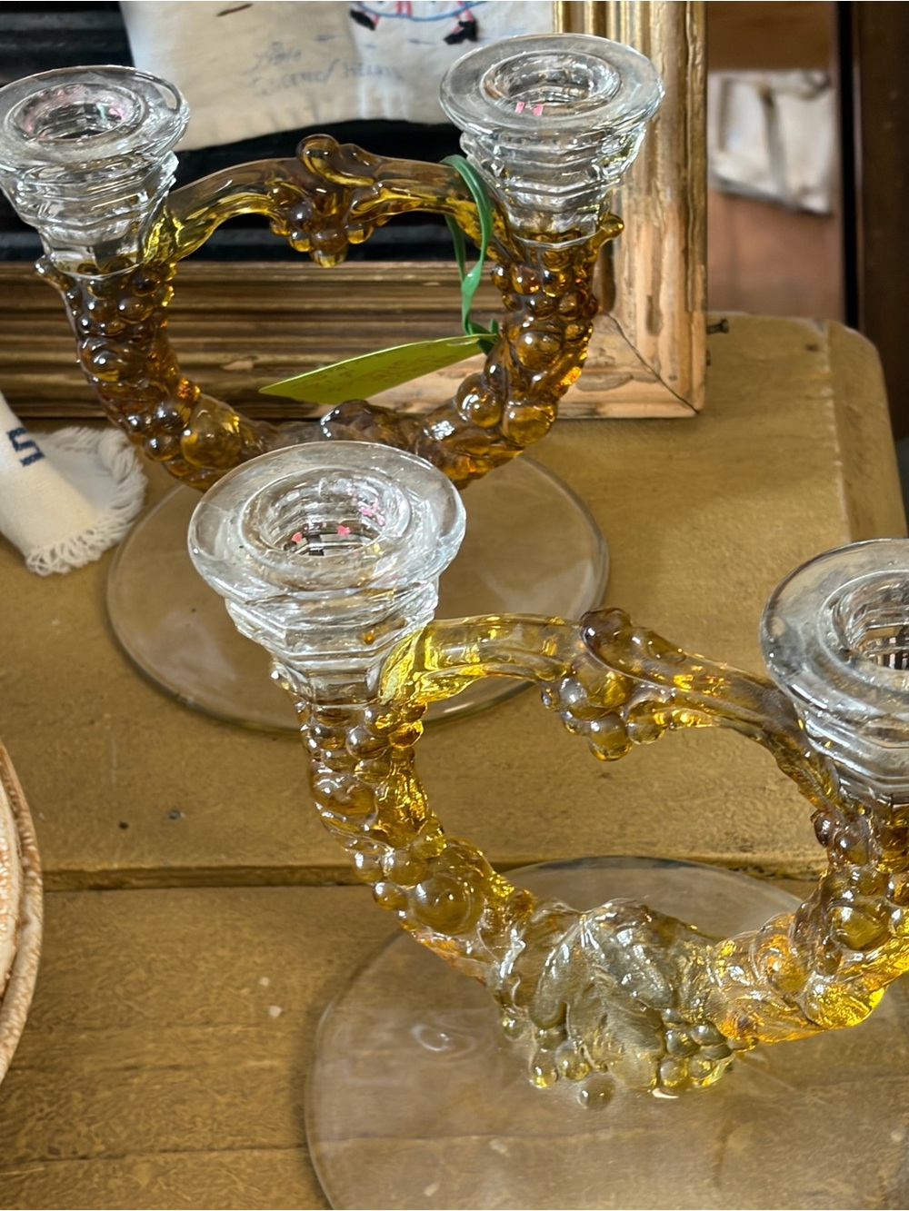 Vintage Amber Glass Double Candle Holder - Decorative Home Accent